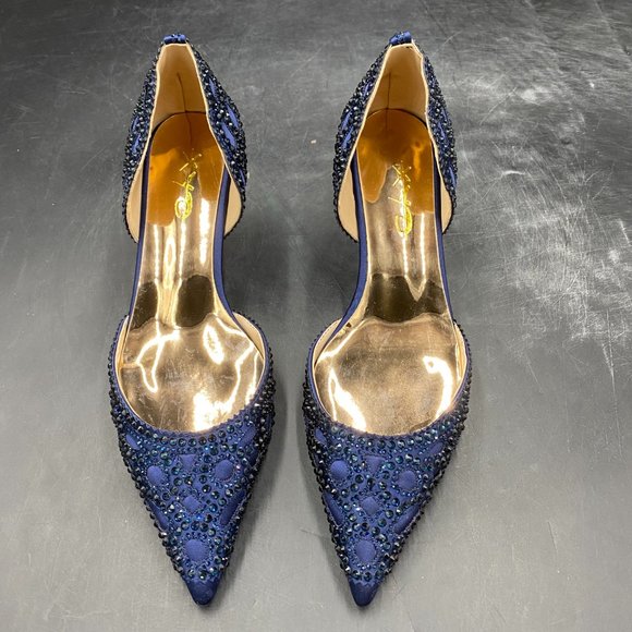 XYD Navy Pointed Toe D'Orsay Kitten Low Heels Rhinestone Shoes - Picture 3 of 8